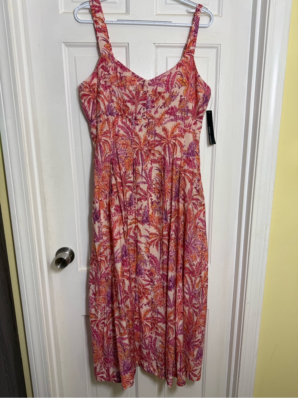 Maggy London Pink and Orange Tropical-Print Midi Dress